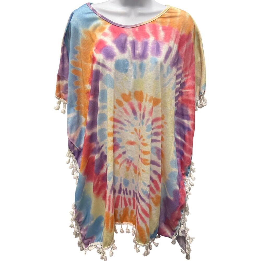 Blakeley Bright Rainbow Tie Dye Macrame Swim Cover/Poncho OS-Beach Boho Festival